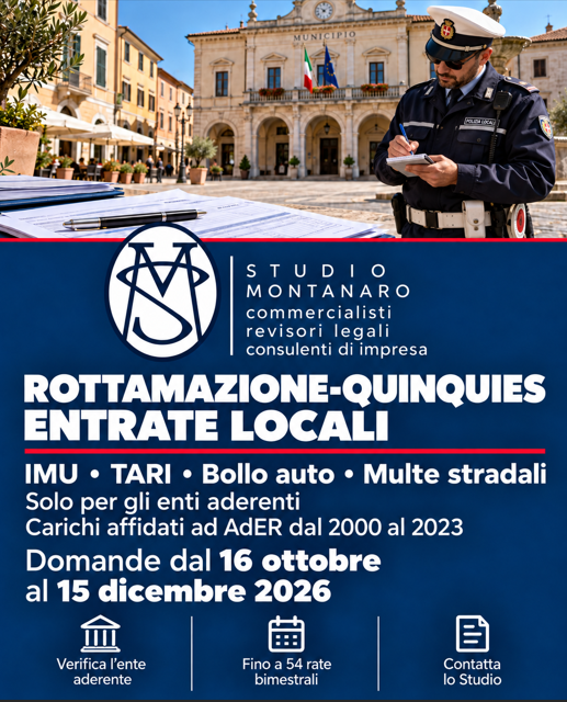 ROTTAMAZIONE-QUINQUIES DELLE ENTRATE LOCALI: DOMANDE DAL 16 OTTOBRE AL 15 DICEMBRE 2026